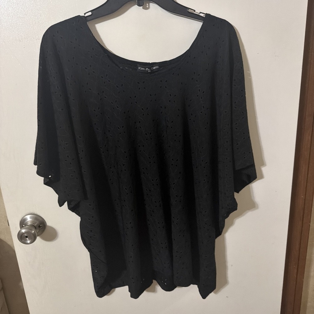 Kim & Cami Women's Eyelet Flutter Ruffle Short Sleeve Black Layered Size 2X